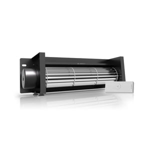AC Infinity AIRBLAZE S12 12-inch black fireplace blower with metallic fan blades and a wireless speed controller.