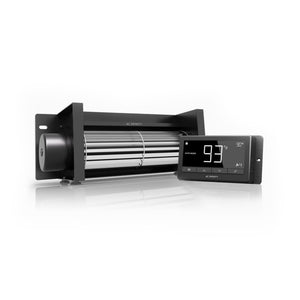 Black 10-inch AC Infinity fireplace blower fan with a digital temperature controller screen.