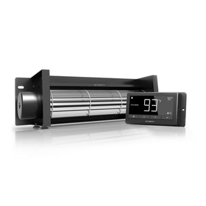 Black 12-inch AC Infinity fireplace blower with a silver cylindrical fan and a digital temperature control screen.