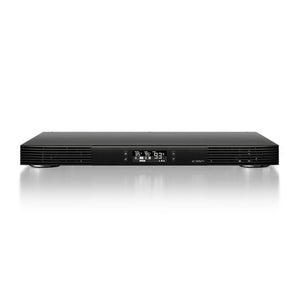 Black AC Infinity T10 cooling system with front vents and an LCD display to control AV receiver temperature.