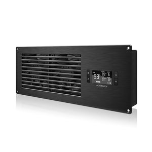 Black 17-inch AC Infinity cooling fan system with a digital thermostat display, designed for intake ventilation.