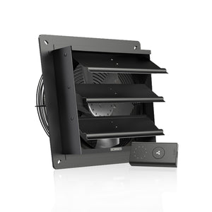 Black 10-inch AC Infinity shutter exhaust fan with metal frame and circular blade, including a speed controller.