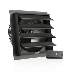 AC Infinity 12-inch black square shutter exhaust fan with metal blades and a handheld speed controller.