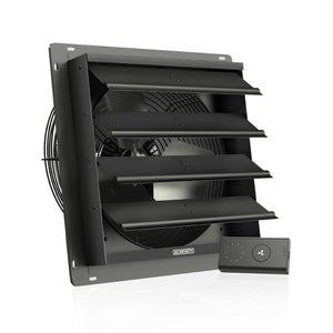Black 14-inch shutter exhaust fan by AC Infinity for ventilation, featuring a wire blade guard and speed controller.