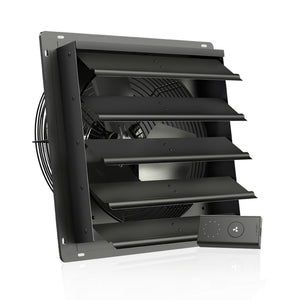 AC Infinity AIRLIFT S16: 16-inch matte black square shutter exhaust fan with a wired speed controller for ventilation.