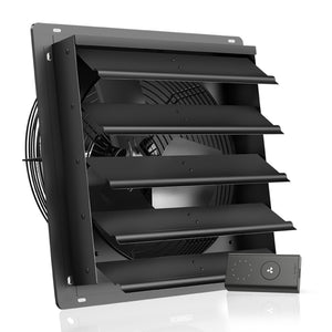 Black 20-inch AC Infinity AIRLIFT S20 shutter exhaust fan with metal louvers, wire cage, and a speed controller.