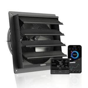 Black 12-inch AC Infinity shutter exhaust fan for ventilation, shown with a digital controller and smartphone app interface.