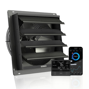 14-inch matte black shutter exhaust fan with digital climate controller and mobile app for hydroponic ventilation control.