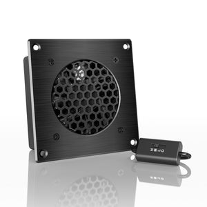 Black AC Infinity 4-inch square cabinet cooling fan with a hexagonal grille and an external speed control switch.