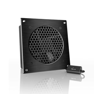 AC Infinity AIRPLATE S3: A square, black brushed-metal cooling fan with a honeycomb grille and speed controller.