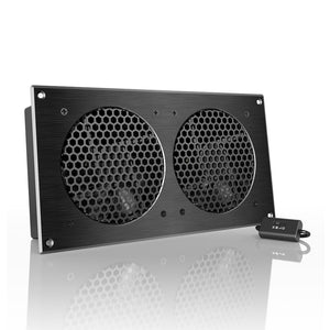 AC Infinity AIRPLATE S7: Black, brushed aluminum dual-fan unit with honeycomb grilles for cabinet cooling.