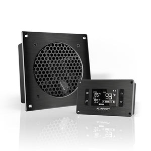 AC Infinity 6-inch quiet black metal cooling fan with a hexagonal grille and a digital temperature controller unit.