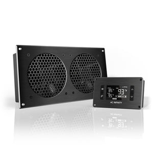 Black AC Infinity dual-fan unit with honeycomb grilles and a digital temperature controller for cooling grow cabinets.