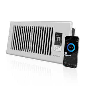 White 4x10 inch AC Infinity smart register booster fan with digital display and app-controlled airflow management.