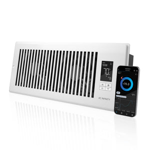 White AC Infinity AIRTAP T4 smart register booster fan (4x12") with digital display and app-controlled airflow.