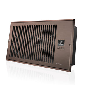 AC Infinity bronze rectangular register booster fan with dual internal fans and a digital temperature control display.