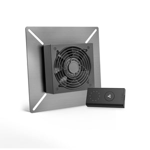 AC Infinity AIRTITAN S3 crawlspace ventilator fan with a brushed metal square frame and a black wired speed controller.