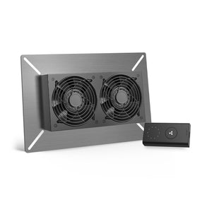 AC Infinity crawlspace ventilator with two black fans mounted on a gray metal plate, includes a speed controller.