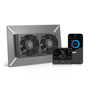 AC Infinity dual-fan ventilation unit with stainless steel plate, digital controller, and app monitoring display.