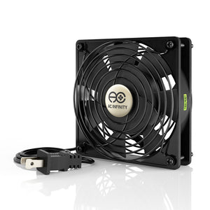 AC Infinity 120mm black square cooling fan with a wire protective grill and attached AC power plug for ventilation.