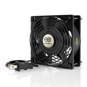 Black AC Infinity 120mm muffin cooling fan with a metal wire guard and power cord for hydroponic airflow.