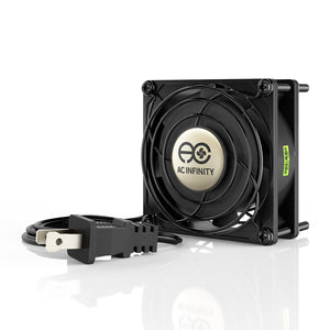 Black AC Infinity 80mm square muffin cooling fan with a protective wire grill, logo center, and 120V plug.