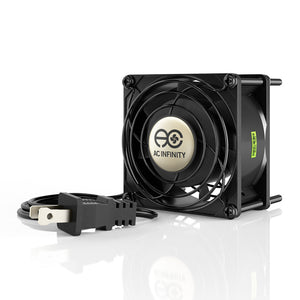 AC Infinity 80mm black metal cooling fan with a wire grille and power cord for ventilation and airflow.