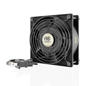 AC Infinity 120mm black square cooling fan with a protective metal grill and AC power plug for ventilation.