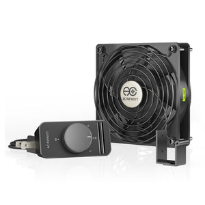 Black 120mm AC Infinity cooling fan with a wire grille and an external manual speed controller for ventilation.