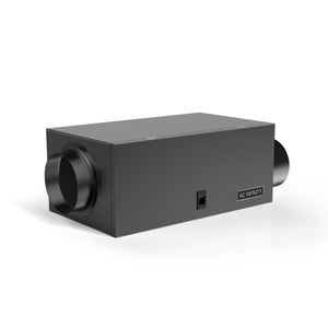 Black rectangular AC Infinity air filter box for grow tent ventilation systems with two circular side ports.