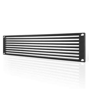 AC Infinity 2U black anodized aluminum vented rack panel with horizontal slots for improved equipment airflow.