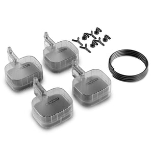 AC Infinity 4-pack clear plastic auto-fill valves, black tubing, and connectors for hydroponic self-watering bases.