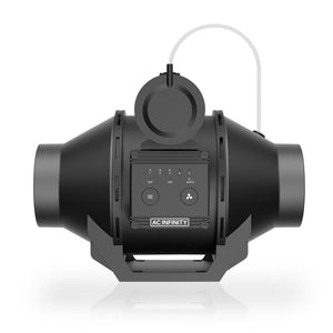 Black AC Infinity 4-inch automatic duct booster fan with integrated speed controller and pressure switch on a base.