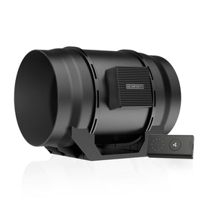 Black AC Infinity CLOUDLINE A8 8-inch cylindrical inline duct fan for ventilation with a 10-speed controller.