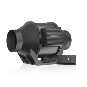 Black AC Infinity 4-inch humidity-proof inline duct fan with a detached speed controller for ventilation.