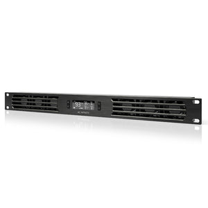 AC Infinity CLOUDPLATE rack cooling fan system in black metal with a 1U intake design and digital temperature display.