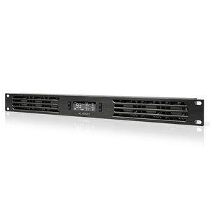 AC Infinity CLOUDPLATE T1 black 1U rack-mount exhaust fan with a digital display for climate-controlled cooling.
