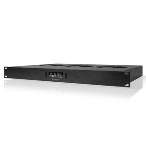 Black AC Infinity CLOUDPLATE T2 rack cooling fan system with top exhaust fans and a digital display screen.