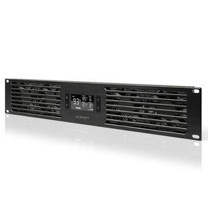 Black AC Infinity rack-mount cooling fan system with an integrated digital thermostat display for equipment ventilation.