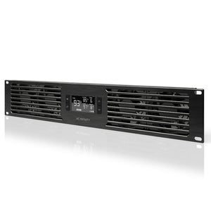 Black AC Infinity CLOUDPLATE T7 2U rack exhaust cooling fan system with an integrated digital thermostat display.