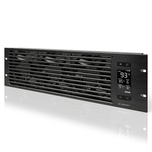 Black 3U rack-mount intake cooling fan by AC Infinity featuring a brushed metal grille and digital temperature display.