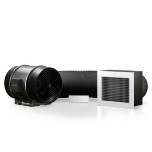 AC Infinity CLOUDWAY S12 12-inch whole house fan with black ducting, rectangular vent, and wireless speed controller.