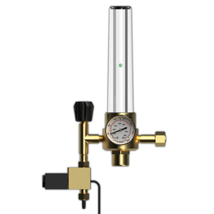 AC Infinity brass CO2 regulator with a vertical transparent flow meter, pressure gauge, and black solenoid valve.