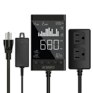 AC Infinity CO2 controller in black with digital screen, sensor, and dual-outlet smart plug for grow room automation.