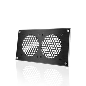 Black 8-inch aluminum cabinet ventilation grille with two circular honeycomb mesh vents for airflow.