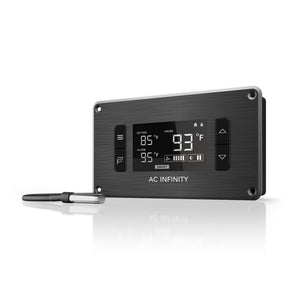 AC Infinity Controller 2, a black, rectangular digital thermal fan controller with a temperature probe for climate control.