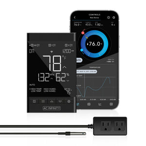 AC Infinity Controller 79 PRO: Black smart outlet with digital screen showing climate data, plus app and probe sensor.