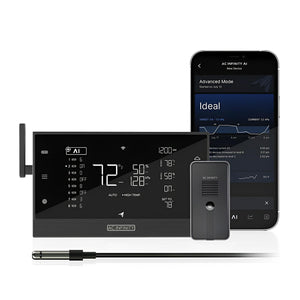 AC Infinity Controller AI+ with a black touchscreen, CO2 sensor, and app interface for smart garden climate control.
