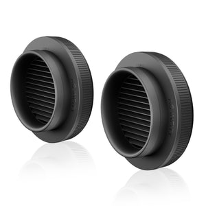 Two matte black, 8-inch round AC Infinity grow tent vent attachments with slotted grilles to block light and dust.