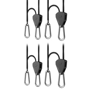 Two pairs of AC Infinity heavy-duty black rope ratchets with silver metal carabiners for hanging grow lights.